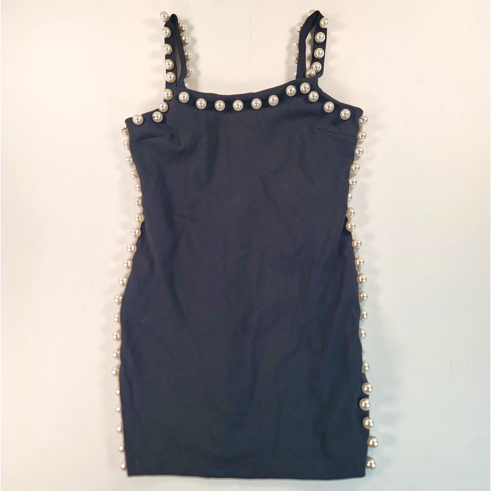 Forever 21 Pearl Trim Bodycon Mini Dress L Black Y2K Glam Cocktail Party